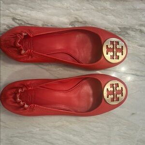 Tory Burch Red Flats with Gold Logo